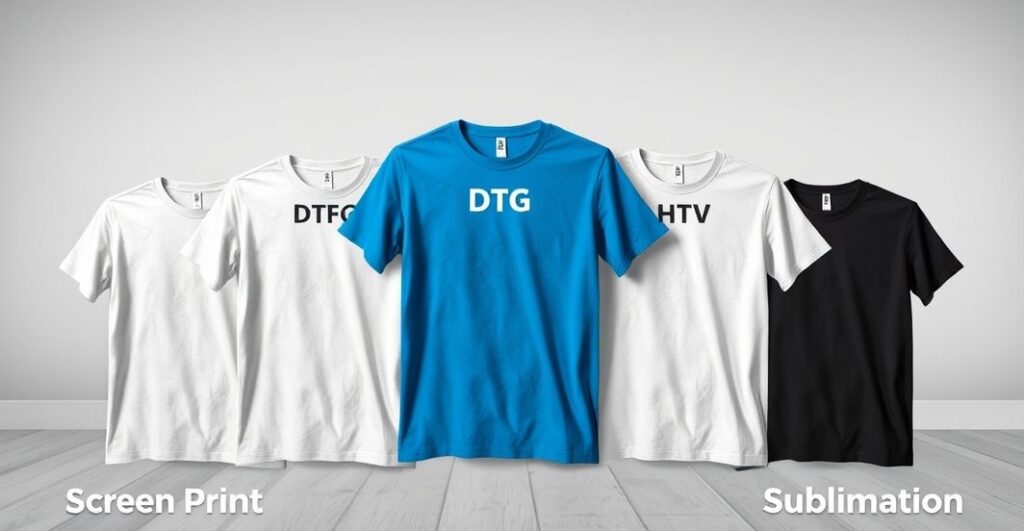 Care by print type: screen print, DTG, DTF, HTV, sublimation