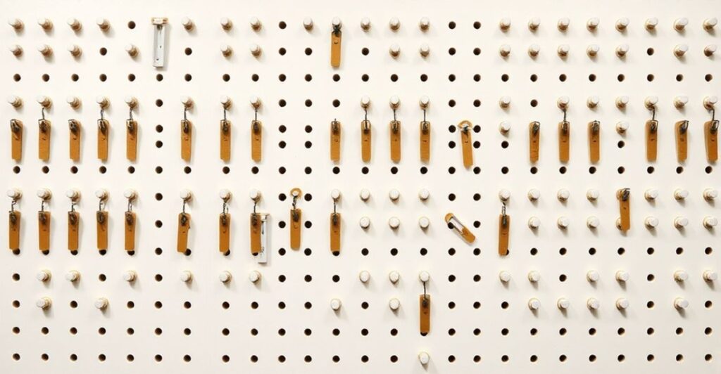 Pegs, clips, and hang tabs for vertical tee presentation