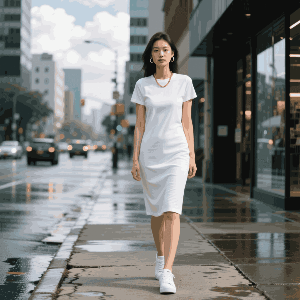 The sneaker formula that makes tee dresses look intentional