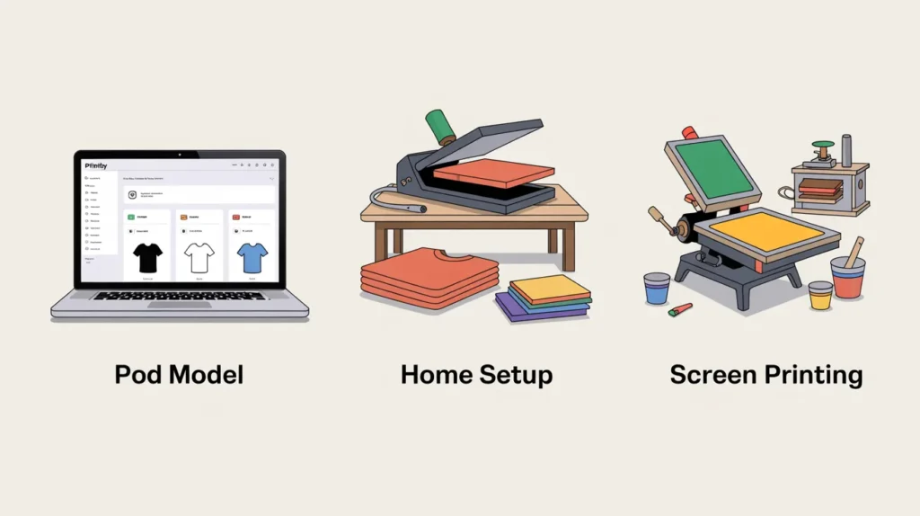 Comparison of t-shirt business models: Printify POD setup, home heat press workspace, and small screen printing workshop.
