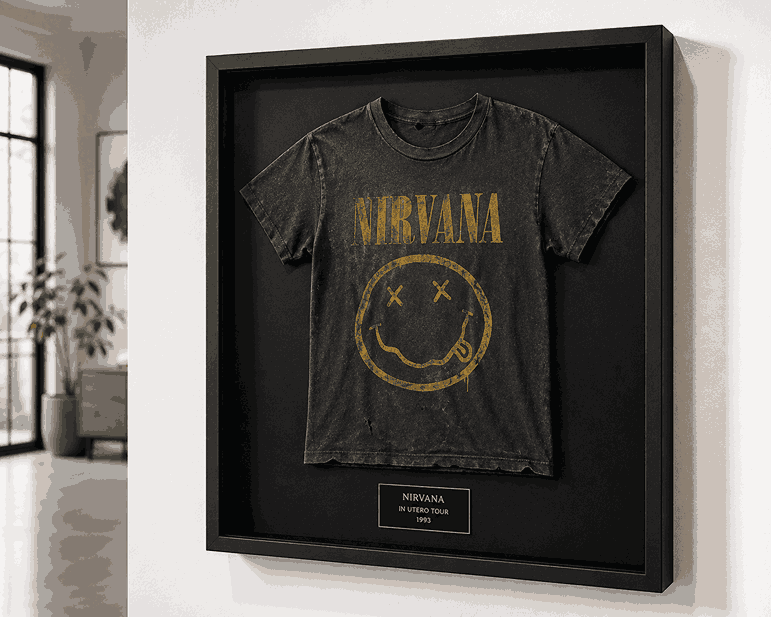 Vintage band t-shirt displayed in a black shadow box on a minimalist white gallery wall with soft side lighting.

