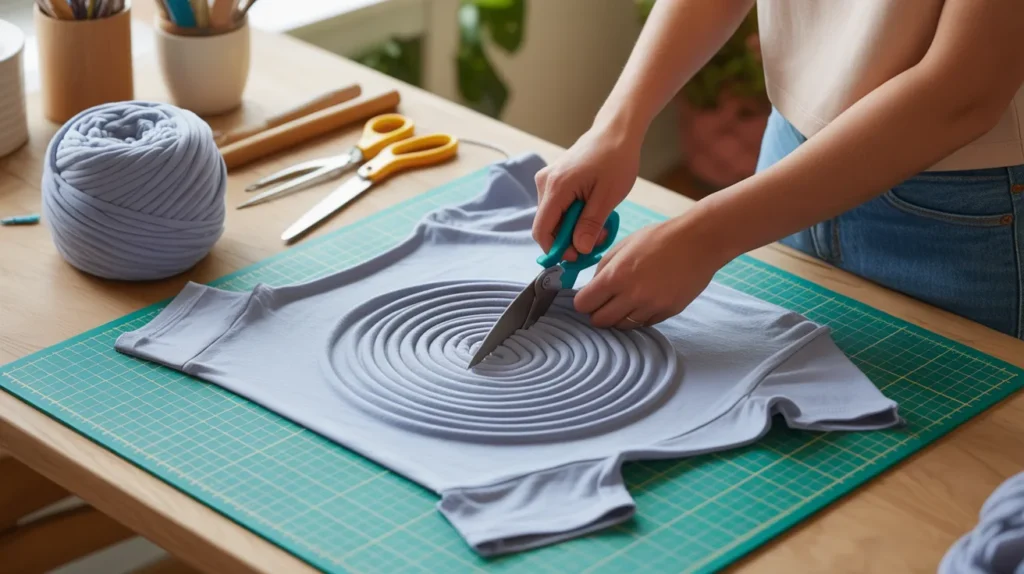 Hands cutting a t-shirt into a spiral pattern with finished t-shirt yarn beside it on a bright craft table.
