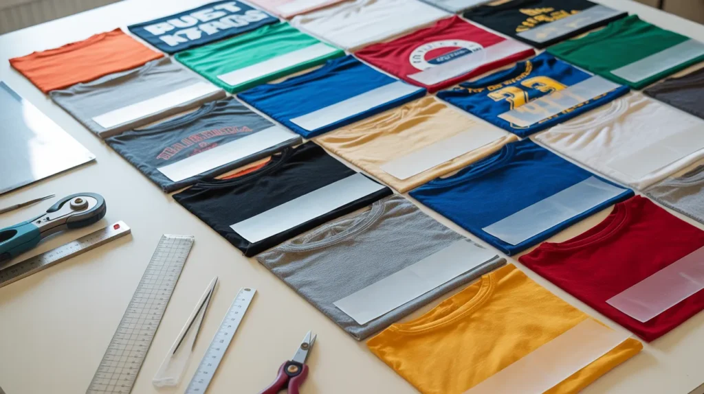 T-shirt quilt squares with interfacing arranged in a neat grid on a craft table in a top-down flat lay view.
