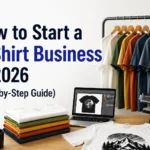 How to Start a T-Shirt Business in 2026 (Step-by-Step Guide) – modern workspace with custom t-shirt printing setup, clothing rack, laptop design mockup, and heat press machine.