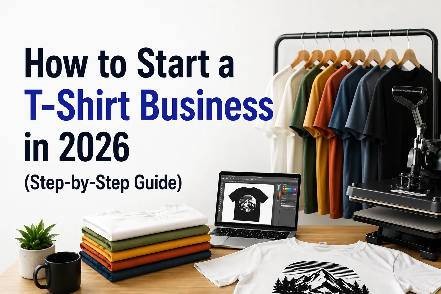How to Start a T-Shirt Business in 2026 (Step-by-Step Guide) – modern workspace with custom t-shirt printing setup, clothing rack, laptop design mockup, and heat press machine.