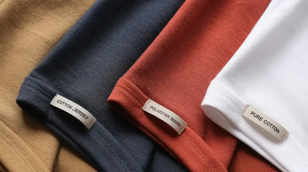 Close-up of cotton jersey, polyester blend, and pure cotton t-shirt fabrics with label tags on a clean white background.
