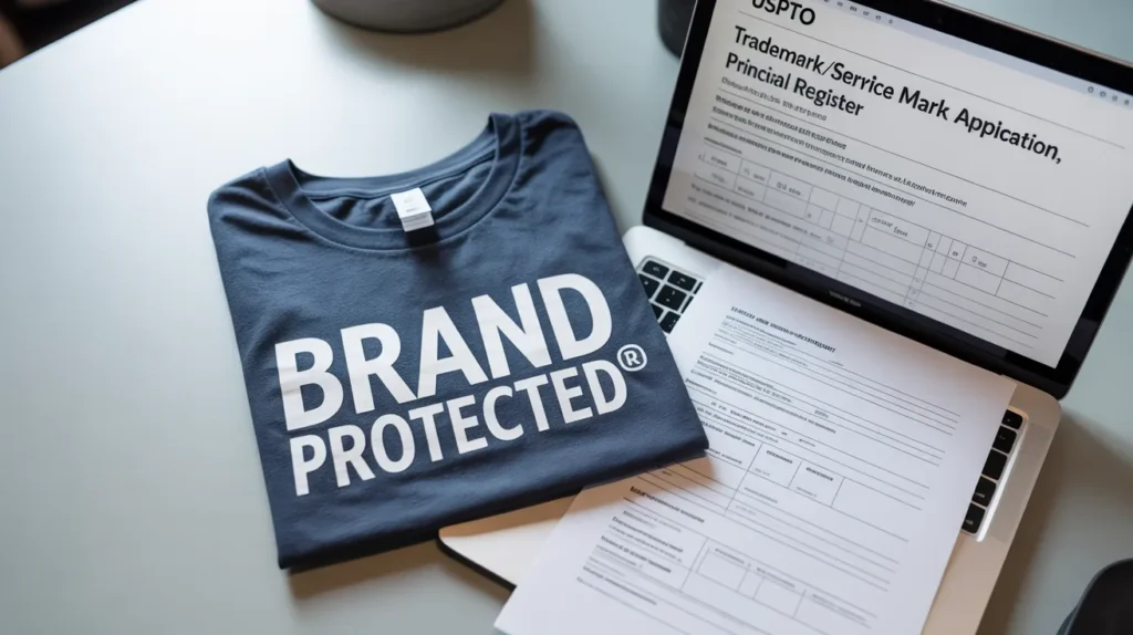 Branded t-shirt beside a laptop showing a USPTO trademark application form in a professional flat lay setup.
