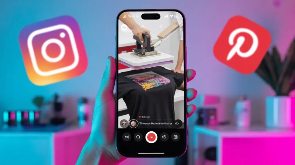 Phone displaying a TikTok t-shirt printing video with Instagram and Pinterest icons in a colorful social media marketing setup.
