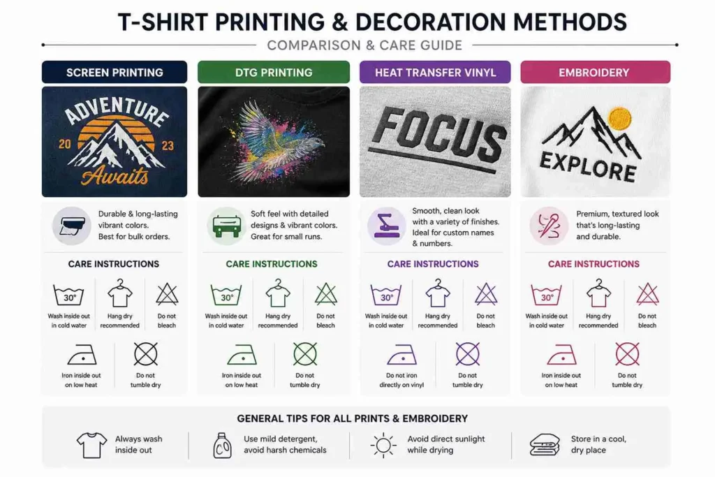 Print Type Care Guide (DTG, Screen Print, Sublimation & Embroidery)