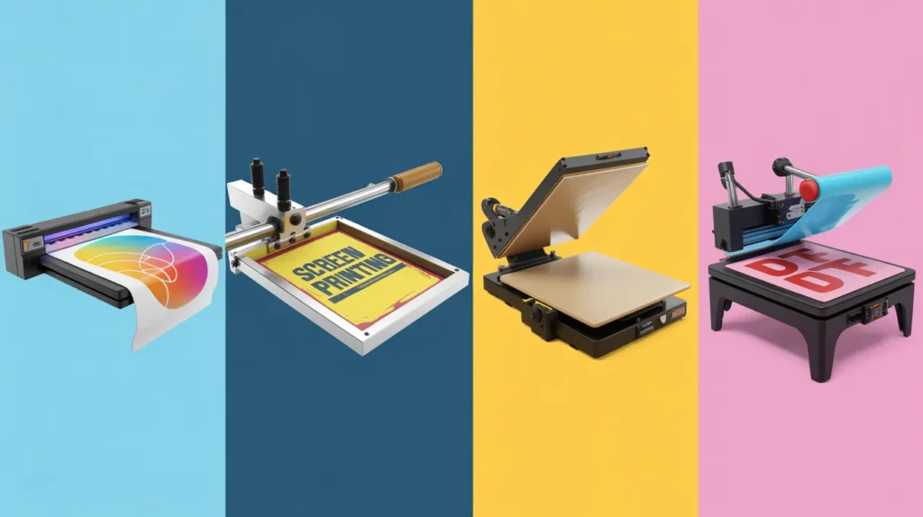 T-shirt printing methods comparison showing DTG printer, screen printing press, heat press vinyl transfer, and DTF printing setup side by side.
