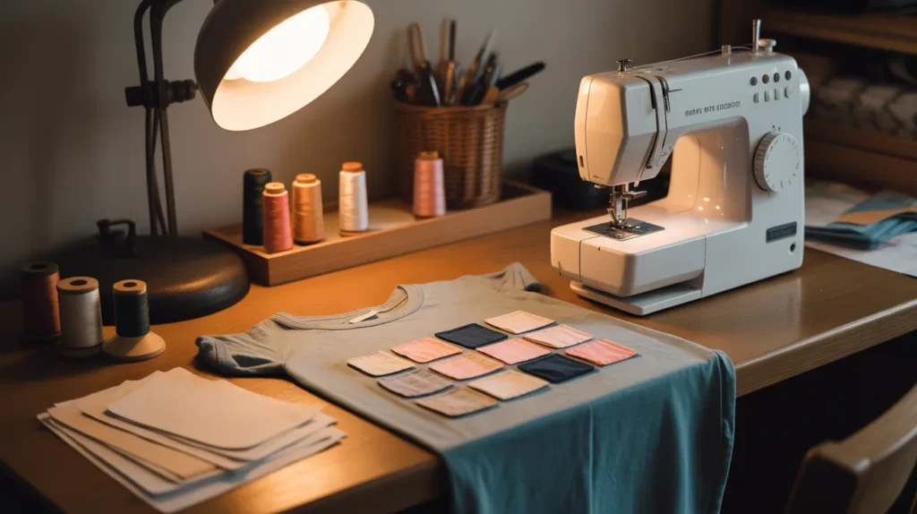 Old t-shirt squares beside a sewing machine, thread spools, and interfacing sheets on a well-lit craft table.
