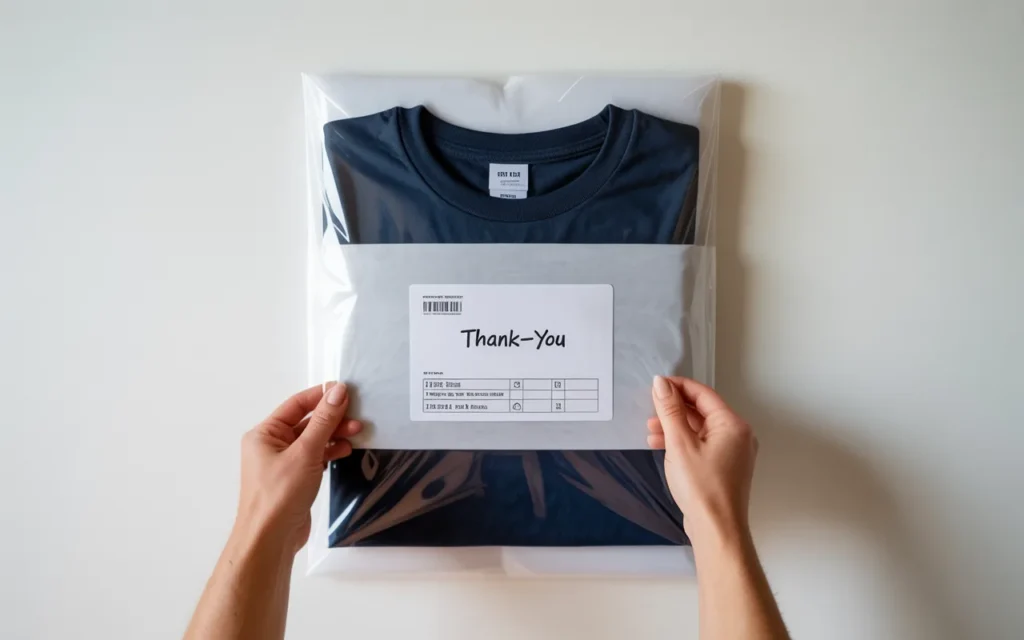 Folded t-shirt packed into a white poly mailer with a thank-you card and ready shipping label on a clean flat lay.
