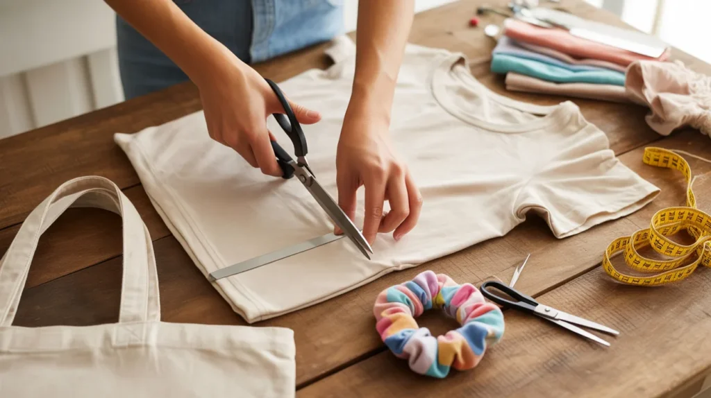 Hands cutting a t-shirt on a wooden table with a finished tote bag and scrunchie nearby in bright overhead lighting.
