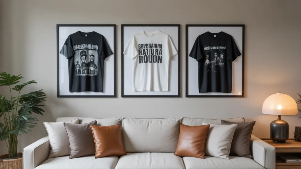 Framed band t-shirts displayed on a modern gallery wall with moody lighting and minimal neutral living room decor.
