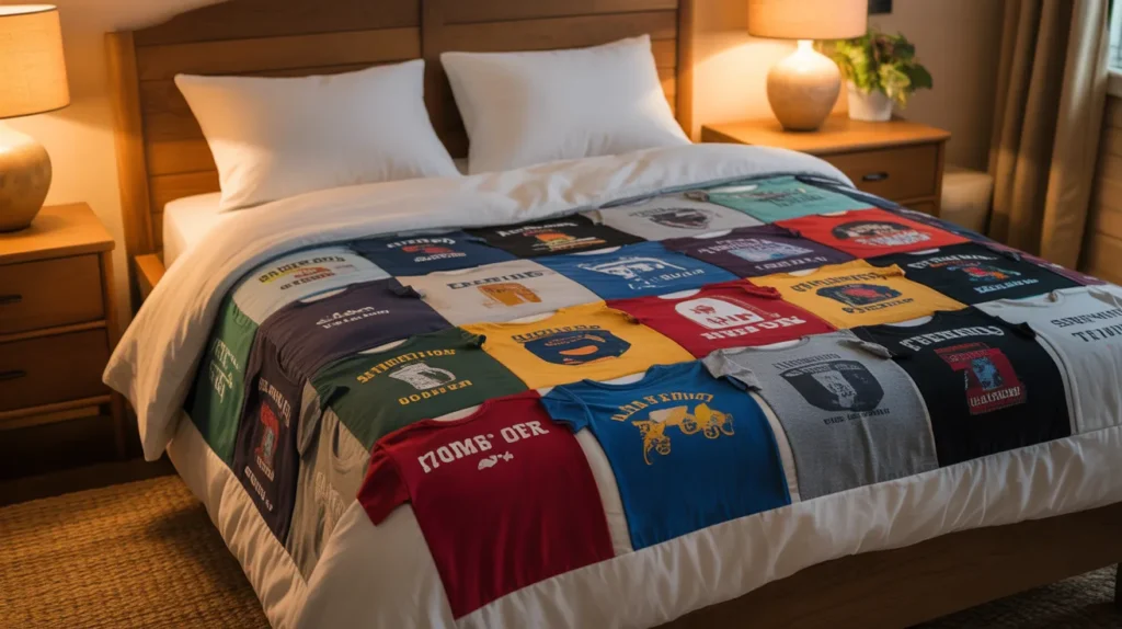 Memory quilt made from colorful old t-shirt patches draped over a bed in warm cozy evening lighting.
