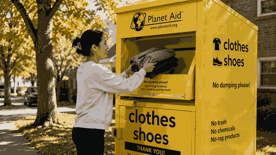 A person placing a folded bag of old clothes into a Planet Aid donation bin on a sunny street in warm natural light.
