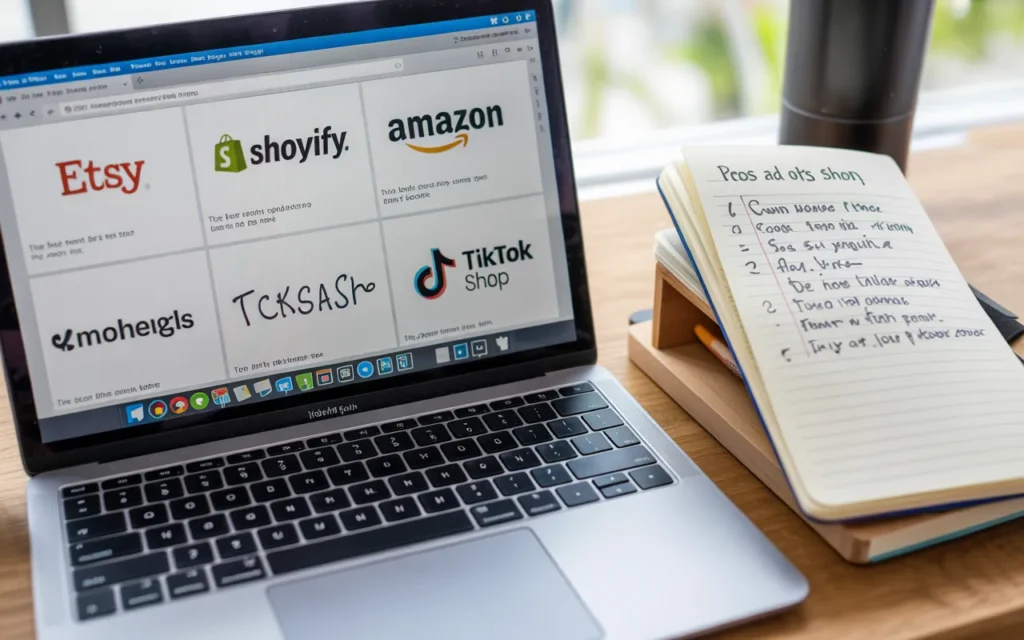 Laptop showing Etsy, Shopify, Amazon, and TikTok Shop tabs beside a pros-and-cons notebook on a clean desk.
