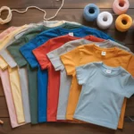 Colorful old t-shirts arranged on a wooden table with scissors, thread, and a crochet hook in warm lifestyle flat lay lighting.