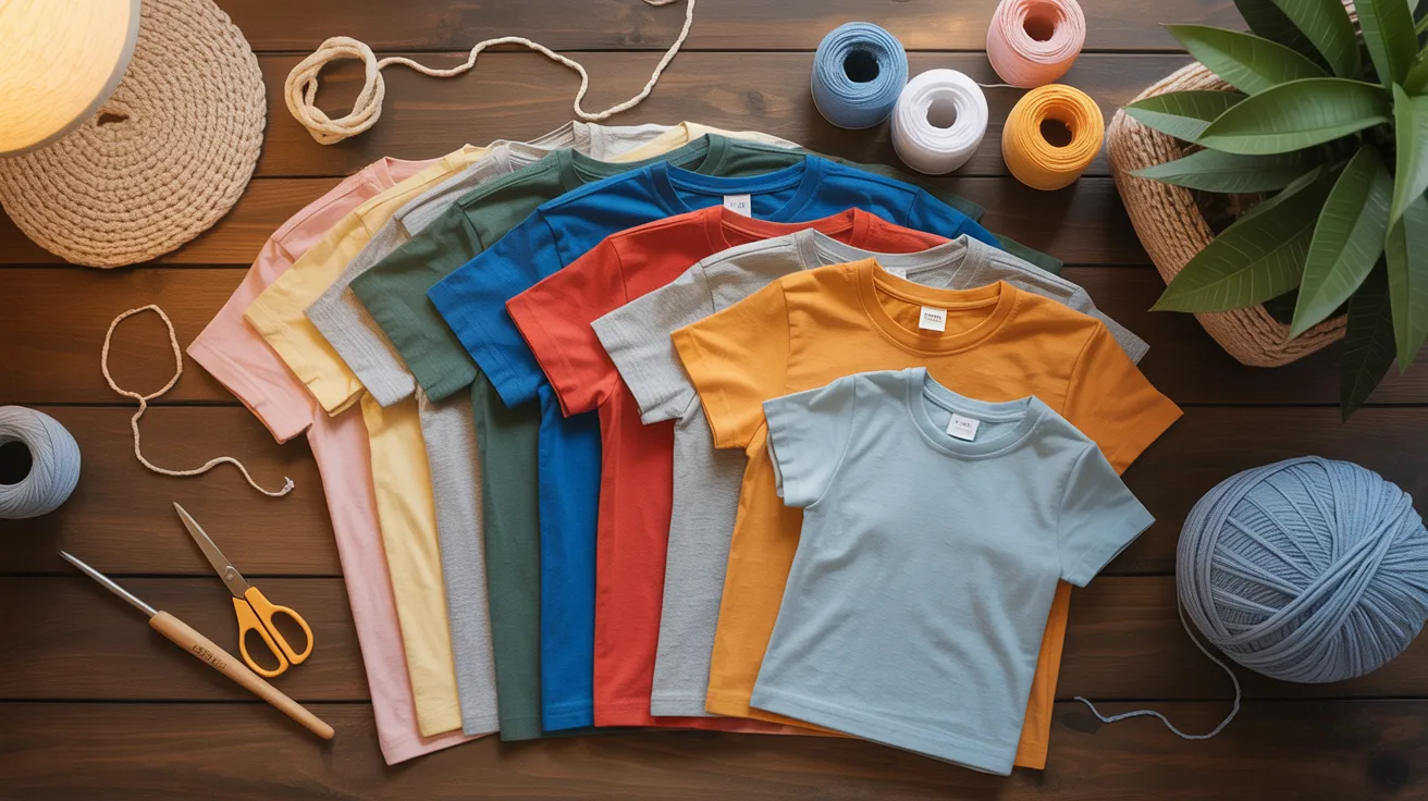 Colorful old t-shirts arranged on a wooden table with scissors, thread, and a crochet hook in warm lifestyle flat lay lighting.