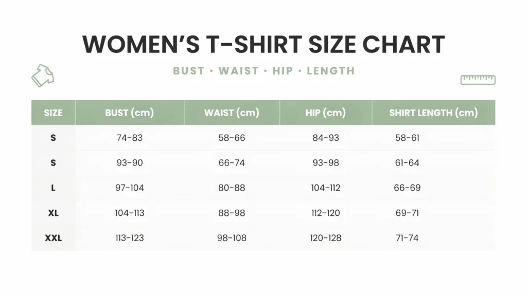 Women's t shirt size chart for female cm showing bust, waist, and hip measurements from XS to XXL