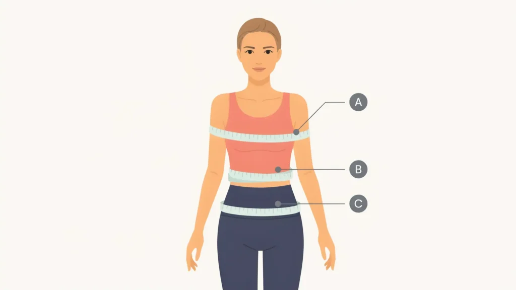 Diagram showing how to measure bust, waist, and hip for a women's t-shirt size chart in cm