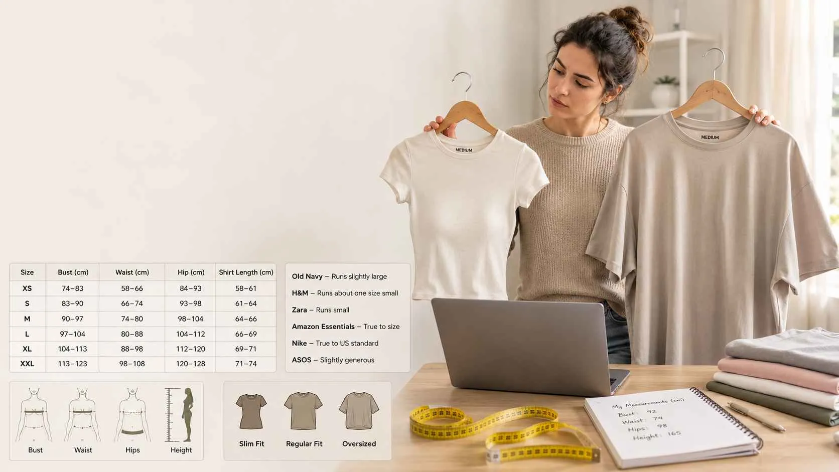 Woman comparing two medium T-shirts beside a women's T-shirt size chart in cm with bust, waist, hip, and shirt length measurements.
